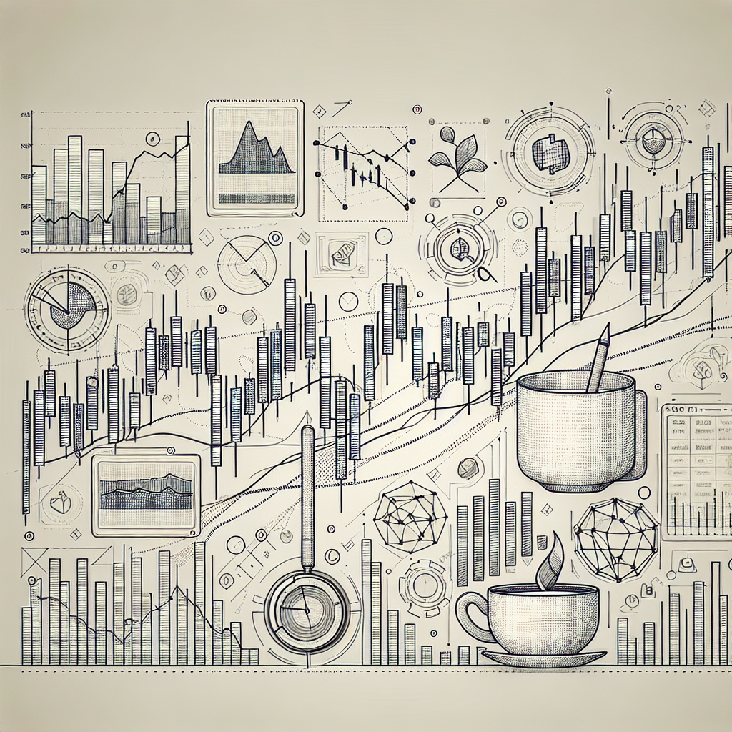 A minimalist line art illustration depicting essential technical analysis tools for commodity traders, including candlestick charts, trend lines, and various indicators, set against a clean background.