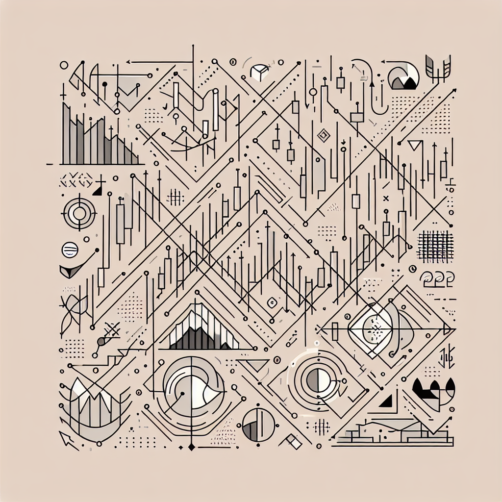 A minimalist line art illustration featuring essential tools and concepts of technical analysis for futures trading, including a trendline chart, candlestick patterns, and trading indicators, surrounded by abstract geometric shapes and streamlined arrows to symbolize analysis and strategy.