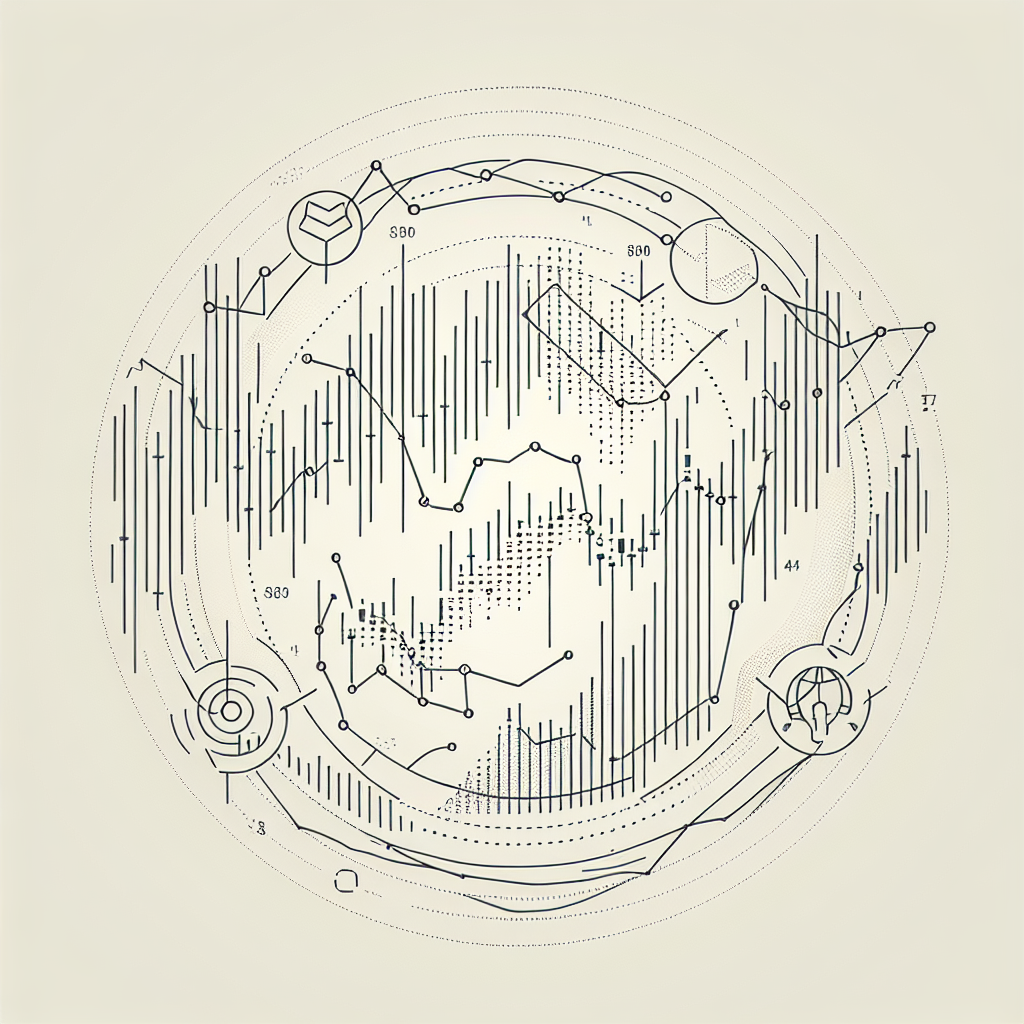 A minimalist line art illustration depicting key indicators of technical analysis for futures trading, including candlestick charts, trend lines, and moving averages, set against a clean white background.