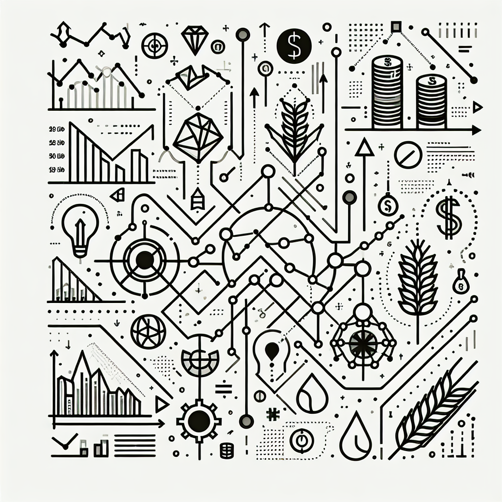 A minimalist line art illustration depicting the correlation between financial indices and commodities, featuring abstract lines and symbols representing graphs, charts, and trade elements.
