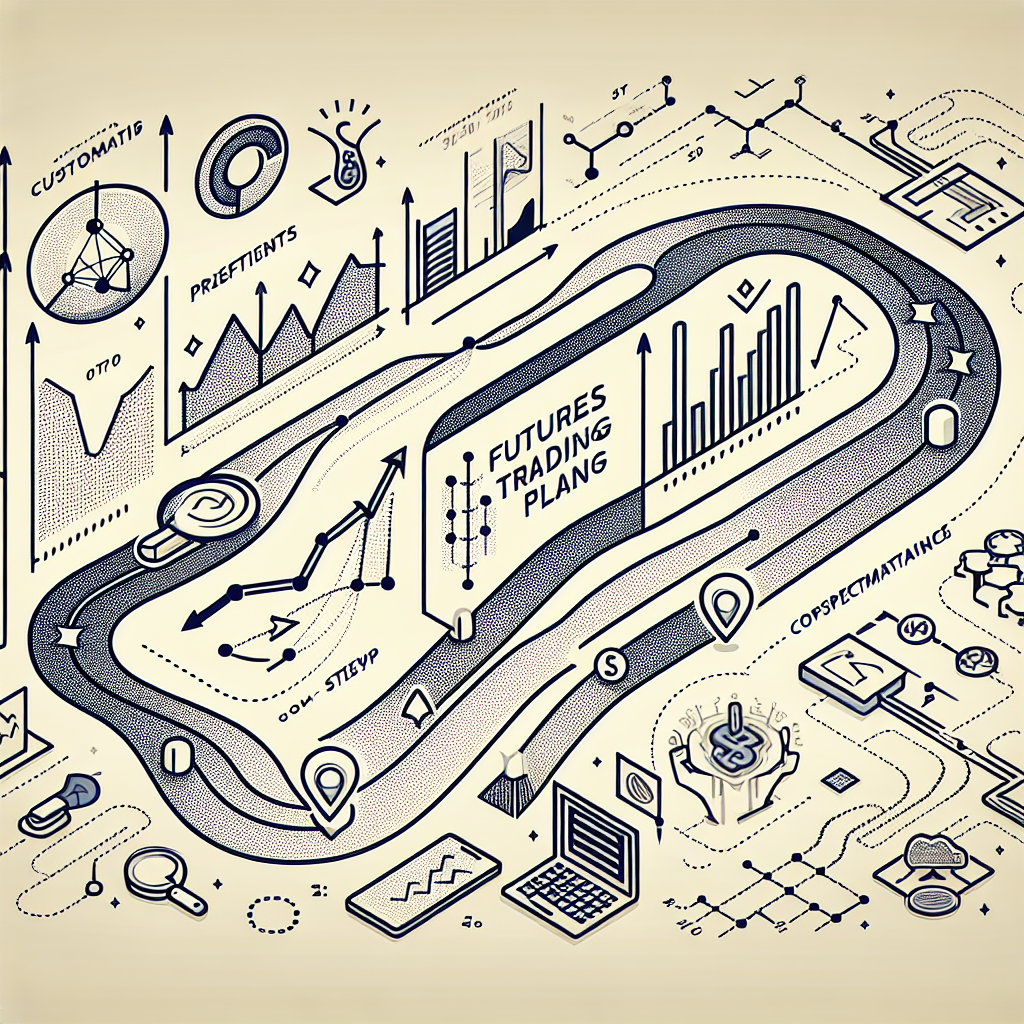 A minimalist line art illustration depicting a personalized futures trading plan, featuring a progress graph, step-by-step roadmap, and essential trading tools like charts and calculators.
