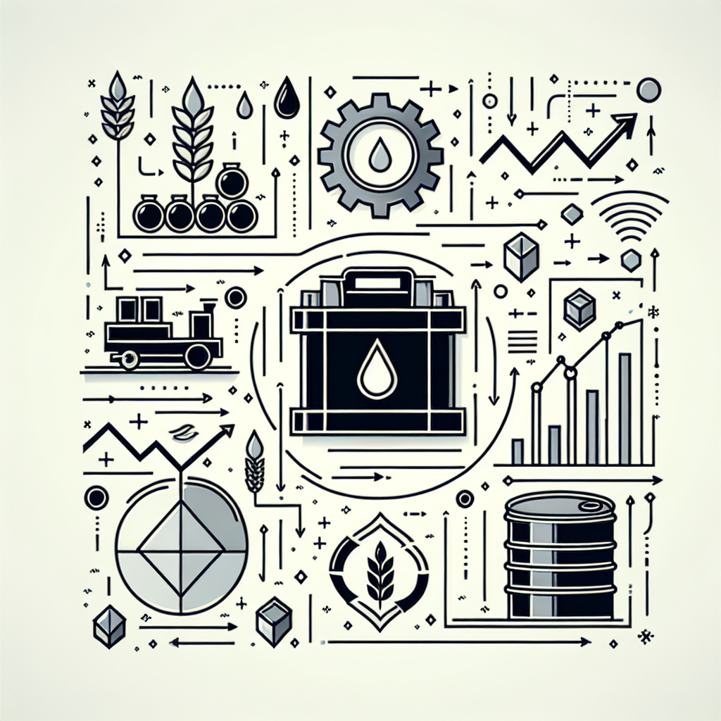 A minimalist line art illustration featuring essential commodities like oil, gold, and grain represented as simple, elegant outlines, surrounded by abstract arrows and graphs symbolizing market volatility and trading strategies.