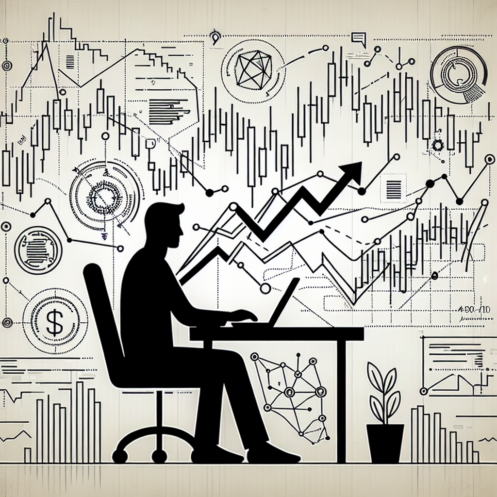 A minimalist line art illustration depicting a beginner's guide to futures trading, featuring an abstract representation of futures contracts, trading charts, and a person studying at a desk with a laptop.