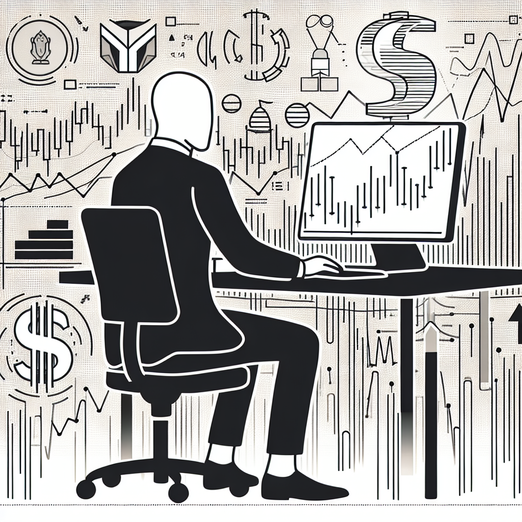 A minimalist line art illustration depicting a stylized futuristic market scene, featuring a person analyzing charts and graphs on a laptop, surrounded by abstract representations of commodities and financial symbols, all in a clean and simple design.