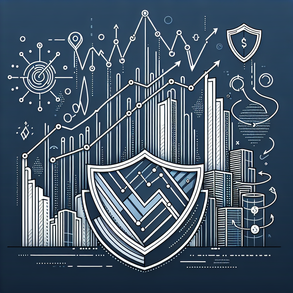 A minimalist line art illustration depicting various futures contracts strategies for risk mitigation in a portfolio, featuring abstract representations of a rising graph, a shield symbol for protection, and arrows indicating movement in different directions.