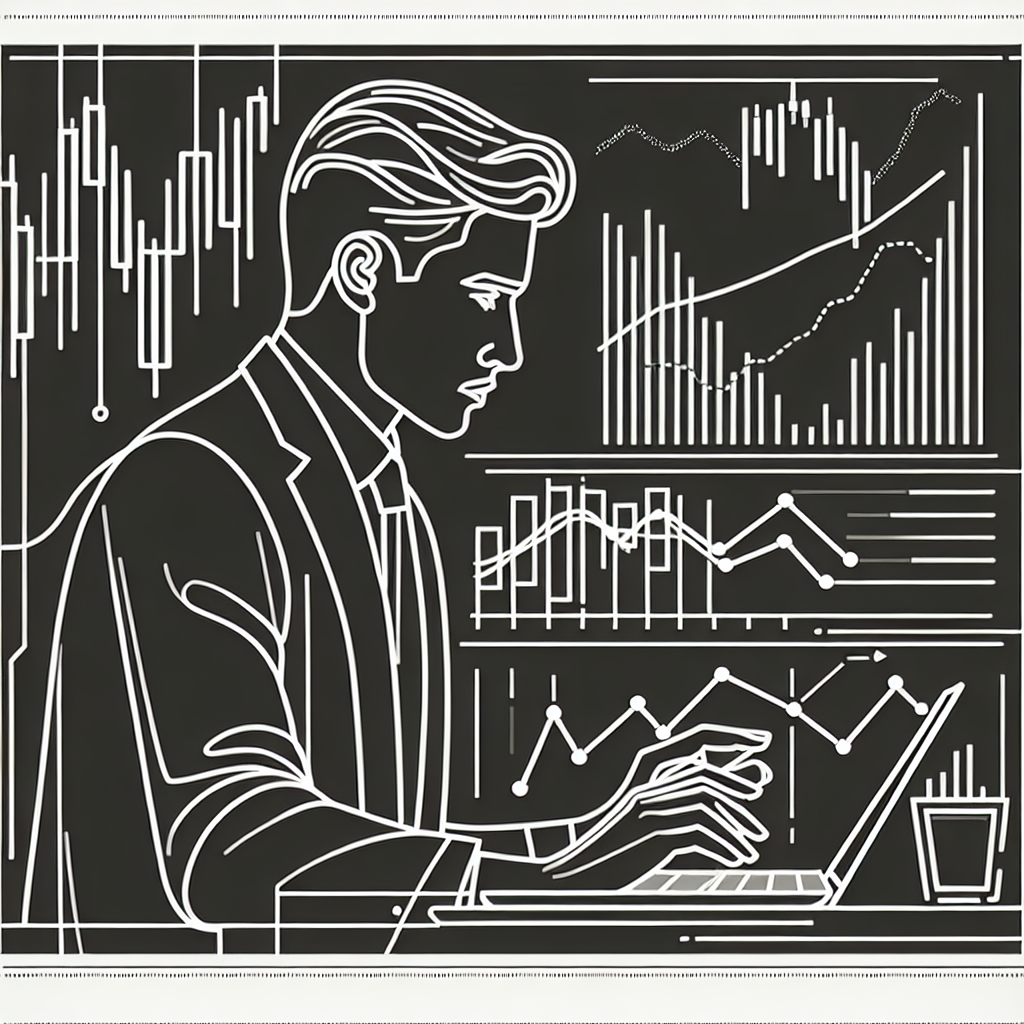 A minimalist line art illustration depicting an intermediate trader analyzing market trends, with graphs, charts, and trading symbols in a clean, abstract layout, embodying the essence of developing a futures trading strategy.