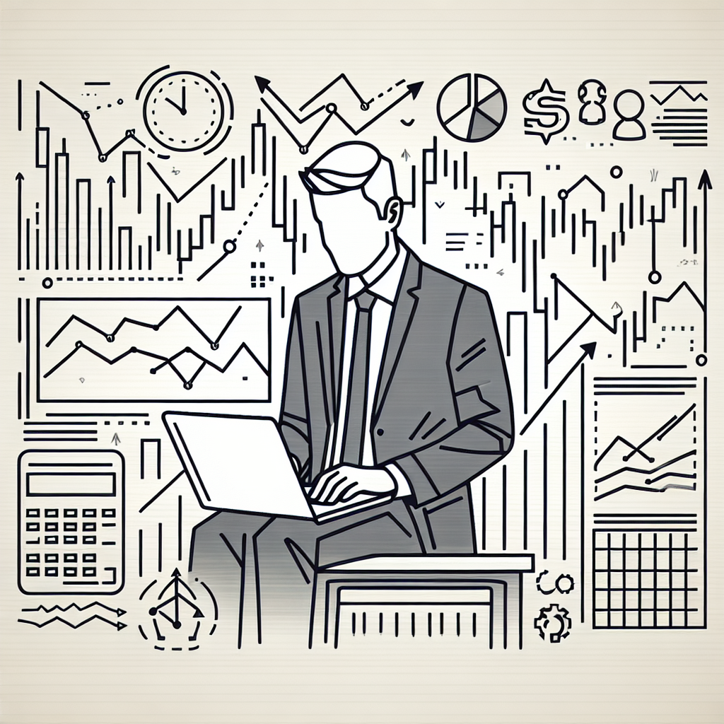 A minimalist line art illustration depicting an intermediate trader analyzing charts, with sketches of upward trending stock arrows and a calendar, visually representing a step-by-step futures trading strategy development process.