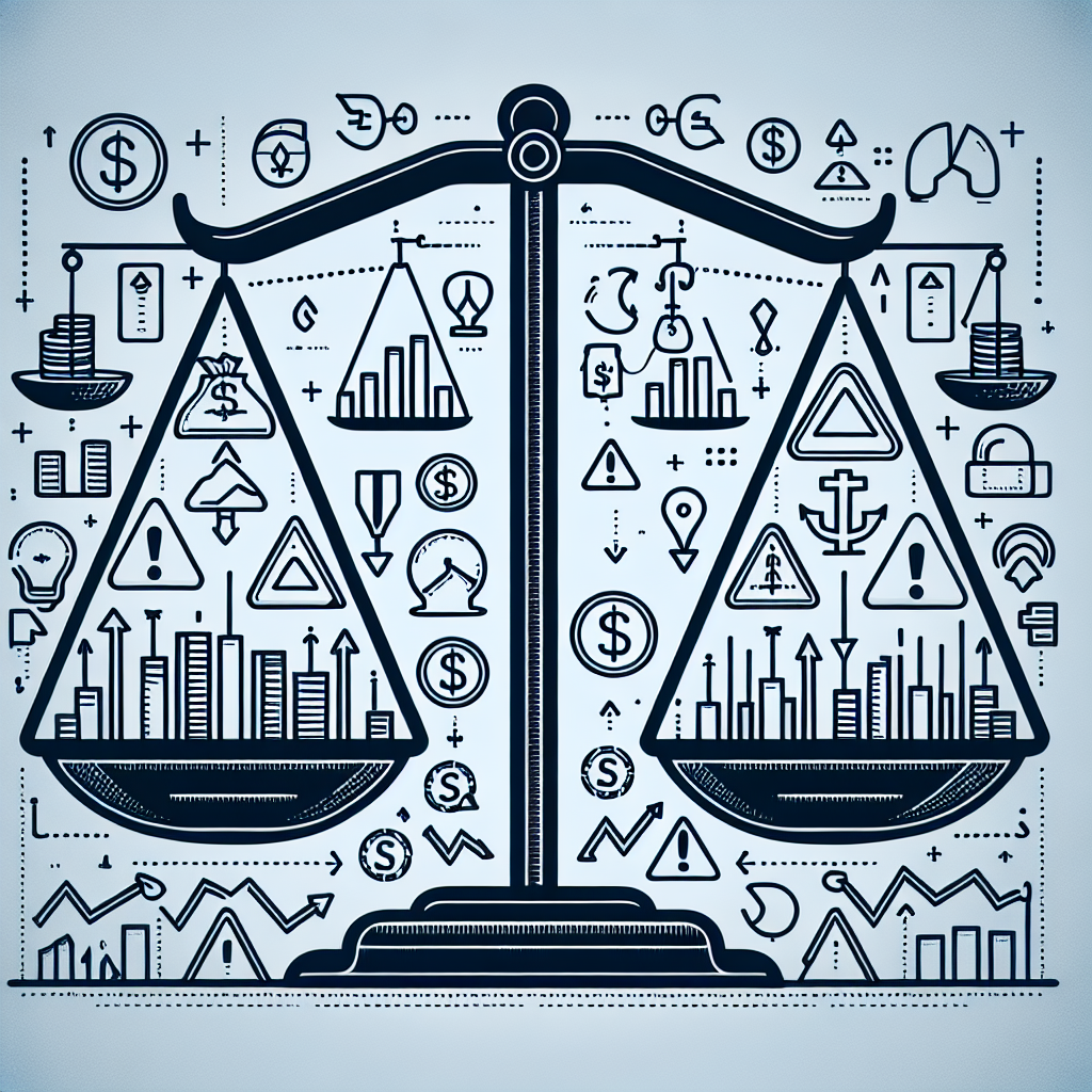 A minimalist line art illustration depicting the concept of leveraging futures in trading. It features a balanced scale with financial symbols on one side and risk indicators on the other, emphasizing the importance of managing risk effectively while leveraging investments.