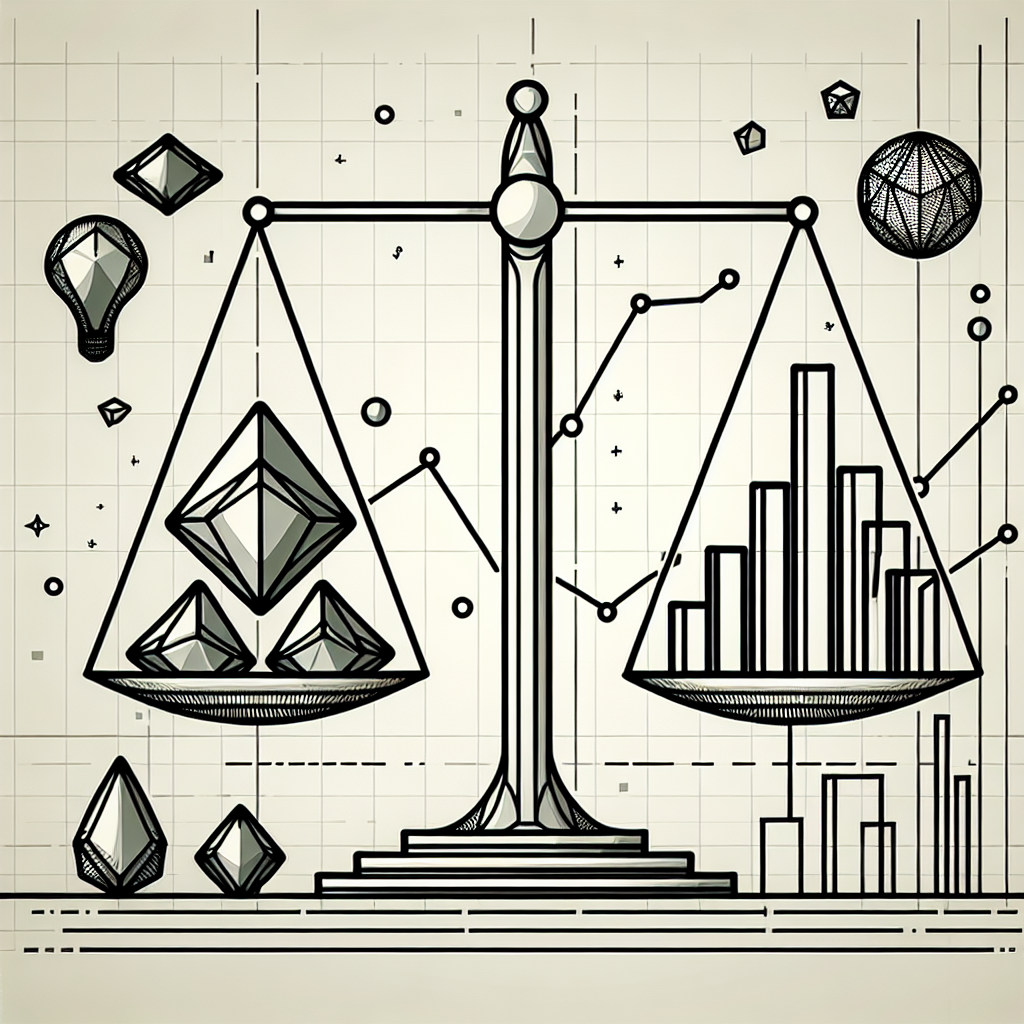 A minimalist line art illustration depicting a balanced scale with futures contracts on one side and a bar graph representing portfolio growth on the other, surrounded by abstract geometric shapes symbolizing finance and strategy.