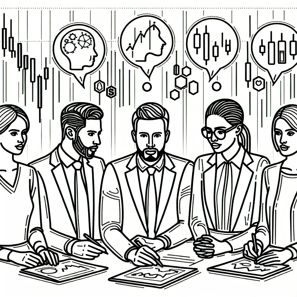 A minimalist line art illustration depicting a diverse group of traders analyzing market sentiment, surrounded by abstract financial symbols and charts, conveying the essence of futures trading.