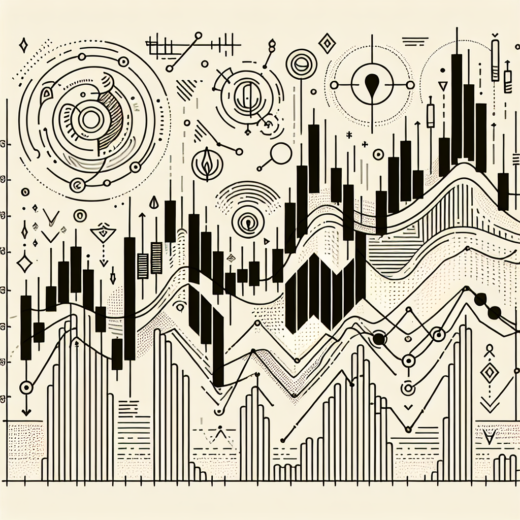 A minimalist line art illustration depicting key technical analysis indicators for futures trading, featuring a stylized candlestick chart, moving averages, and trend lines, with abstract symbols representing various indicators like MACD, RSI, and Bollinger Bands, all arranged in a clean, organized layout.