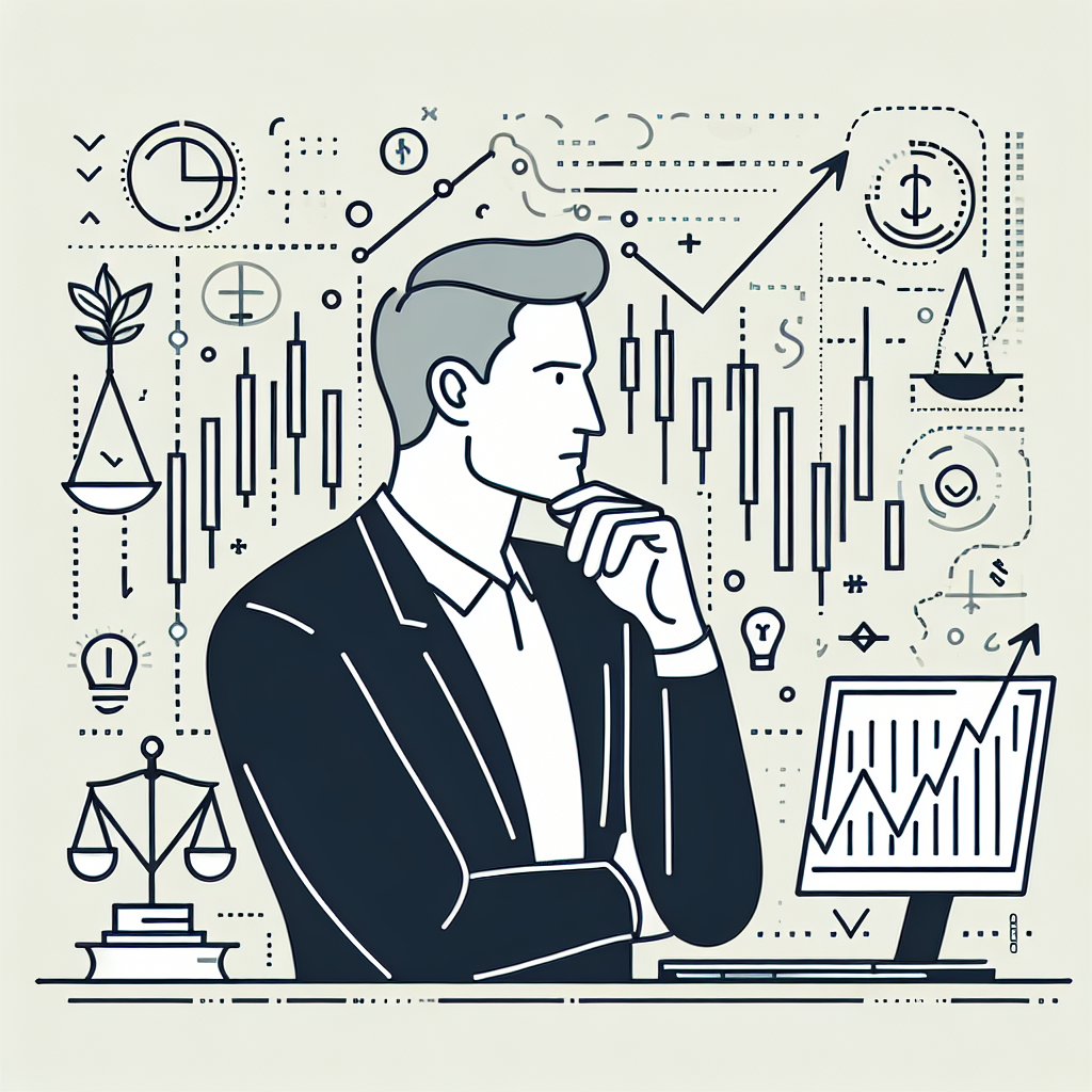 A minimalist line art illustration depicting a person analyzing futures market graphs, surrounded by symbols of leverage like scales and arrows, representing profit maximization strategies.