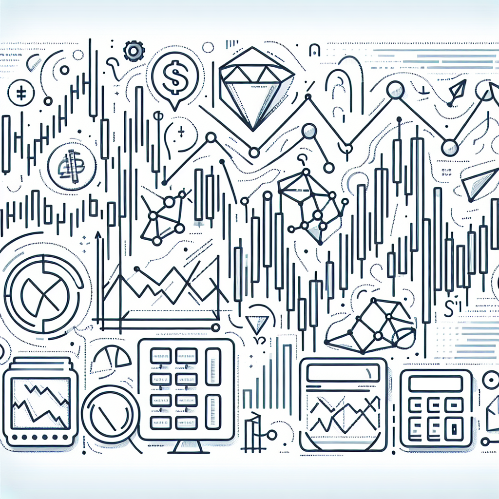 A minimalist line art illustration depicting key indicators and tools used in technical analysis for futures trading, featuring line graphs, candlestick patterns, and essential trading tools in a clean and sophisticated design.