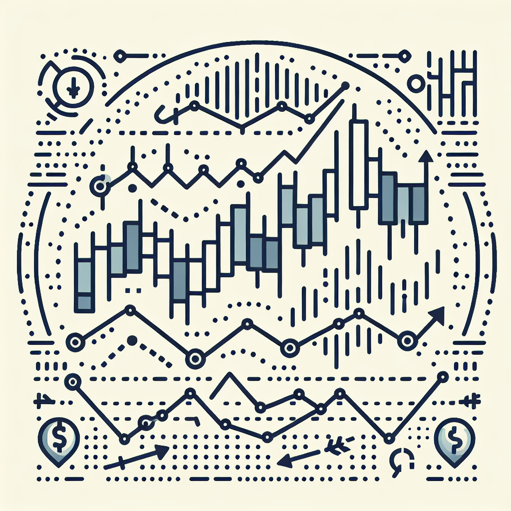 A minimalist line art illustration depicting a futures trading graph with technical indicators, including moving averages and candlestick patterns, alongside abstract representations of entry and exit points.