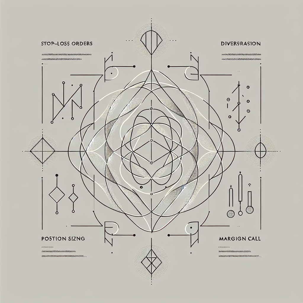 A minimalist line art illustration depicting the concepts of risk management in futures trading, featuring elements like stop-loss orders, diversification, and position sizing, set against abstract geometric shapes.