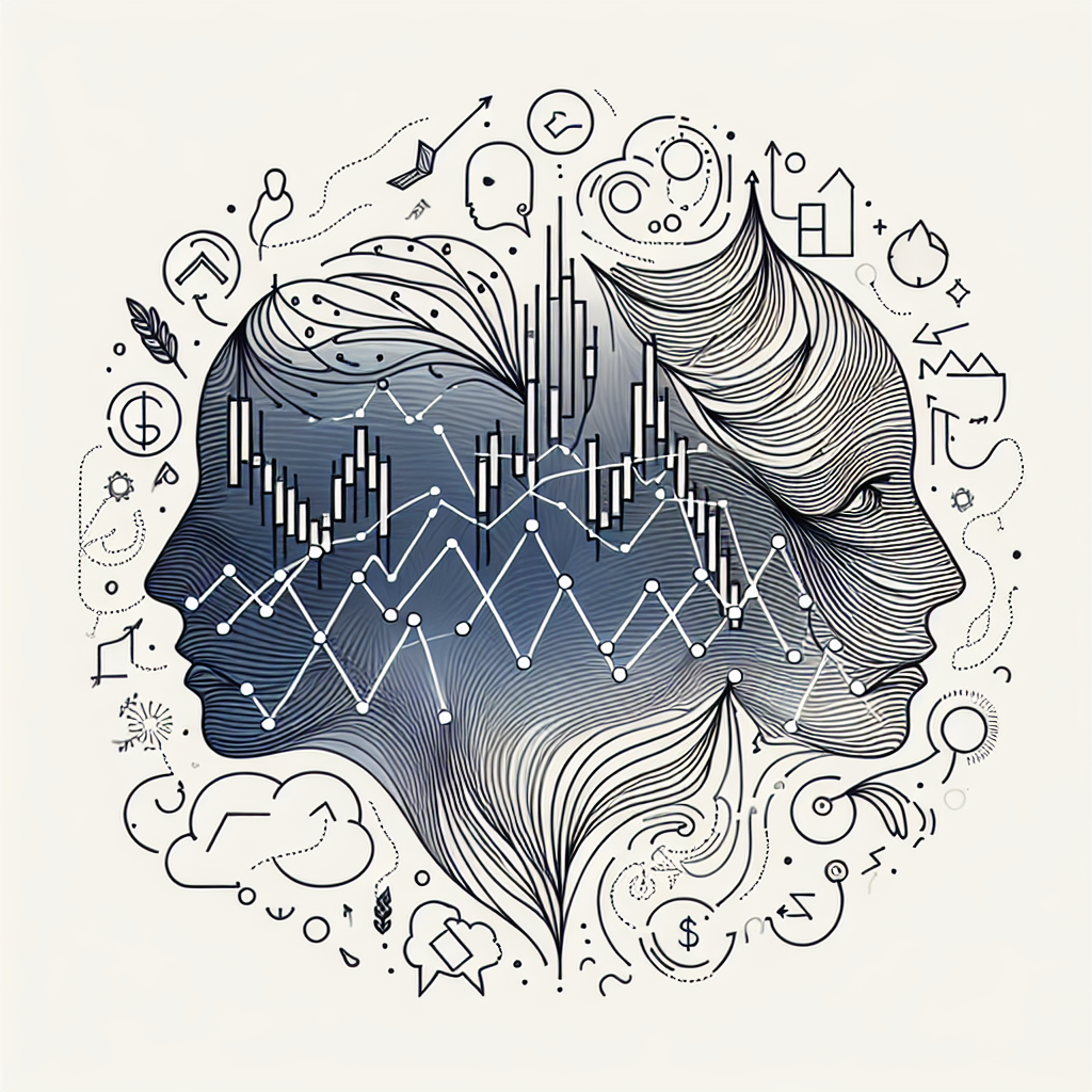 A minimalist line art illustration depicting the concept of market sentiment analysis, featuring abstract representations of traders' emotions and psychology, alongside a graphical depiction of futures market trends.