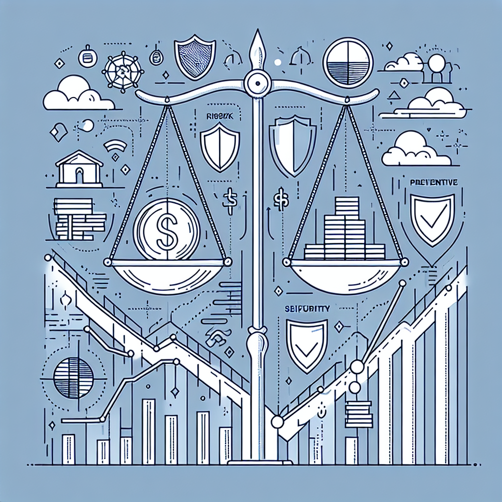 A minimalist line art representation of risk management in futures trading, featuring a balanced scale, a rising stock graph, and protective barriers, symbolizing best practices to safeguard capital.